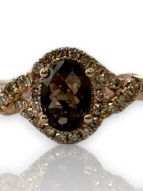 LeVian Chocolatier 14kt Rose Gold Smokey Quartz Ring Diamond Halo Size 7